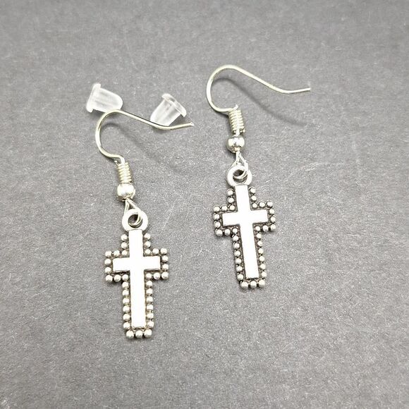 Silver cross earrings minimalist jewelry - Picture 4 of 6